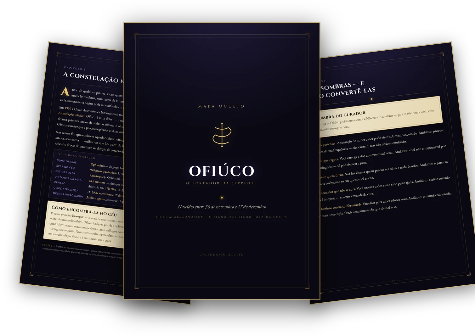 Três páginas do Mapa Oculto: a capa, a ficha da constelação e o capítulo das sombras
